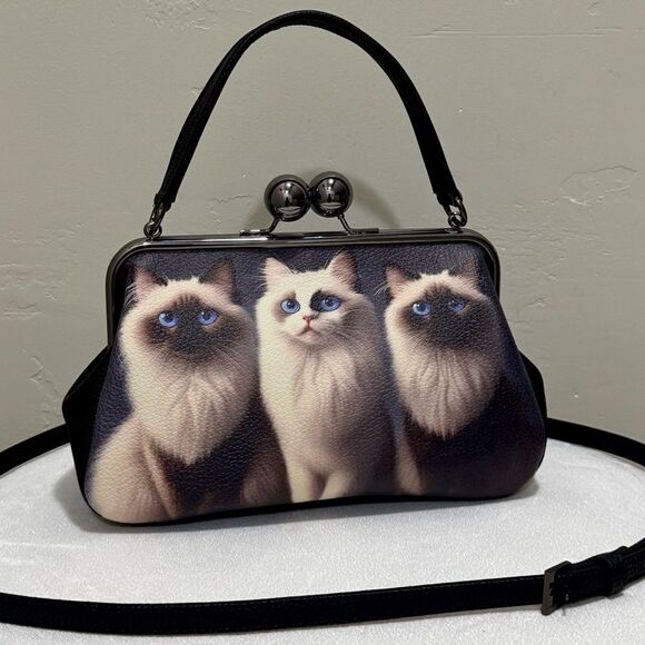 Unique Cats Print Pebble Cowhide Handmade Large Ball Kisslock Handbag, Multi Use - Picture 2 of 16